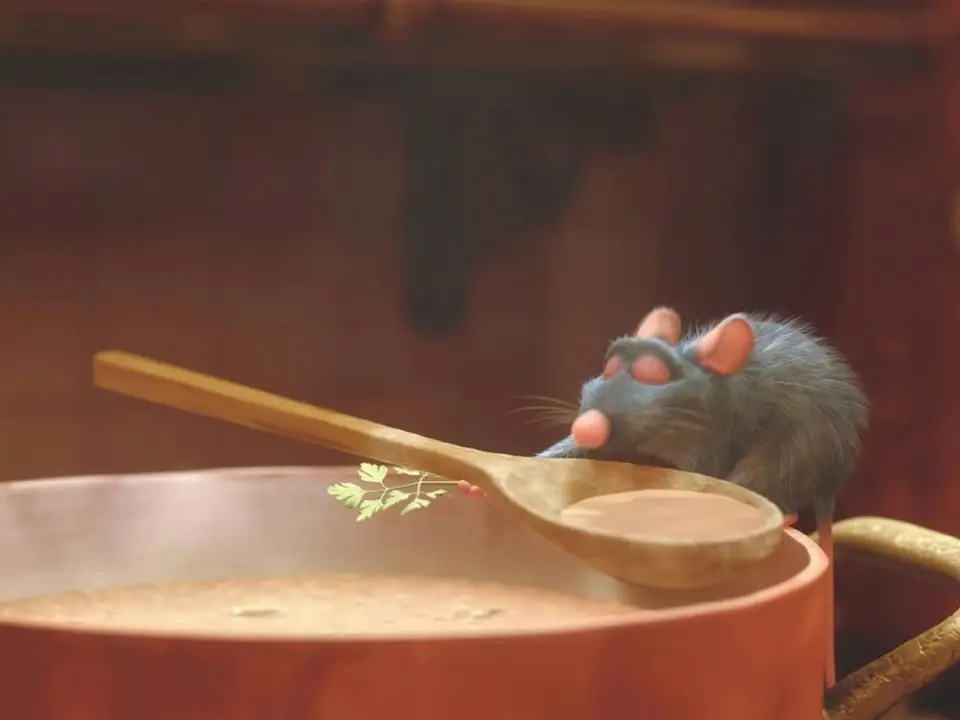 An image showing Remy from the Pixar movie Ratatouille cooking a soup.